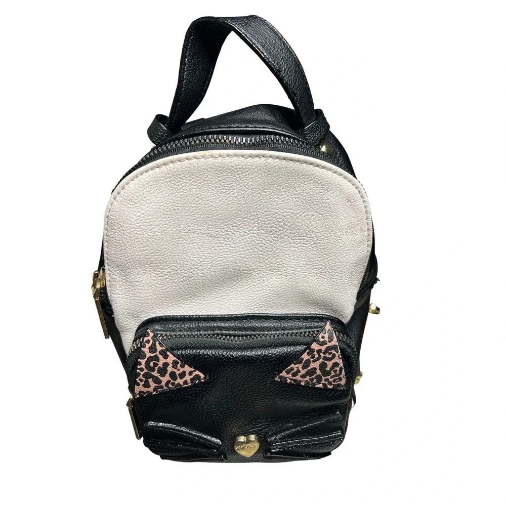 Betsey Johnson Cat Face Mini‎ Backpack Black White Leopard Print Crossbody Bag